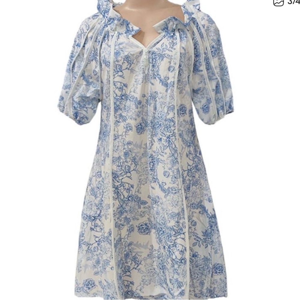 Rosa Clothing Floral Toile print paneled puff sleeve babydoll dress